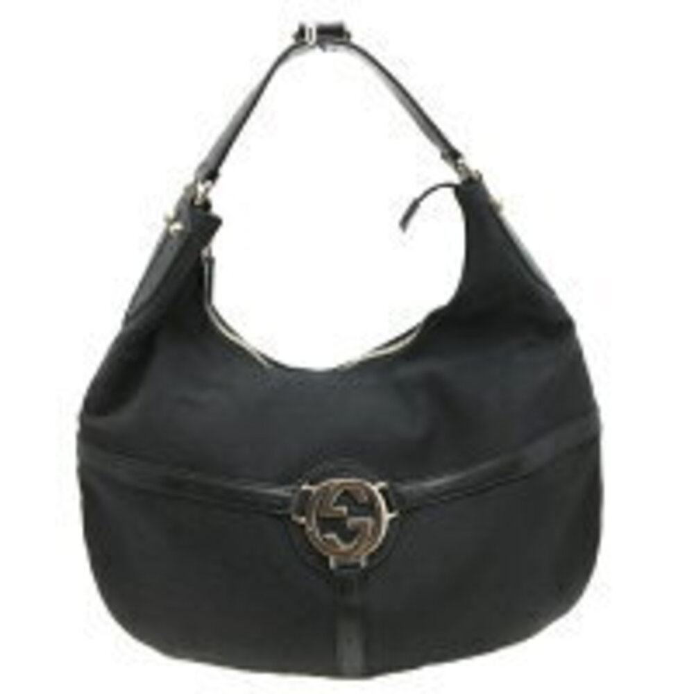 GUCCI One Shoulder Hobo Bag Interlocking GG Canvas Leather Black